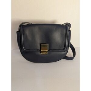 C. Wonder Navy Blue Leather Crossbody Bag Gold Clasp Red Lining Minimalist